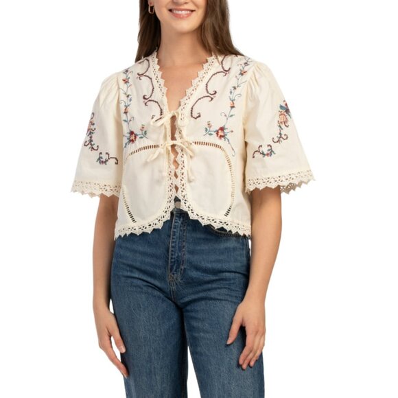 JENNIFER AND GRACE Nude Tie Front Embroidered Top - Picture 1 of 2